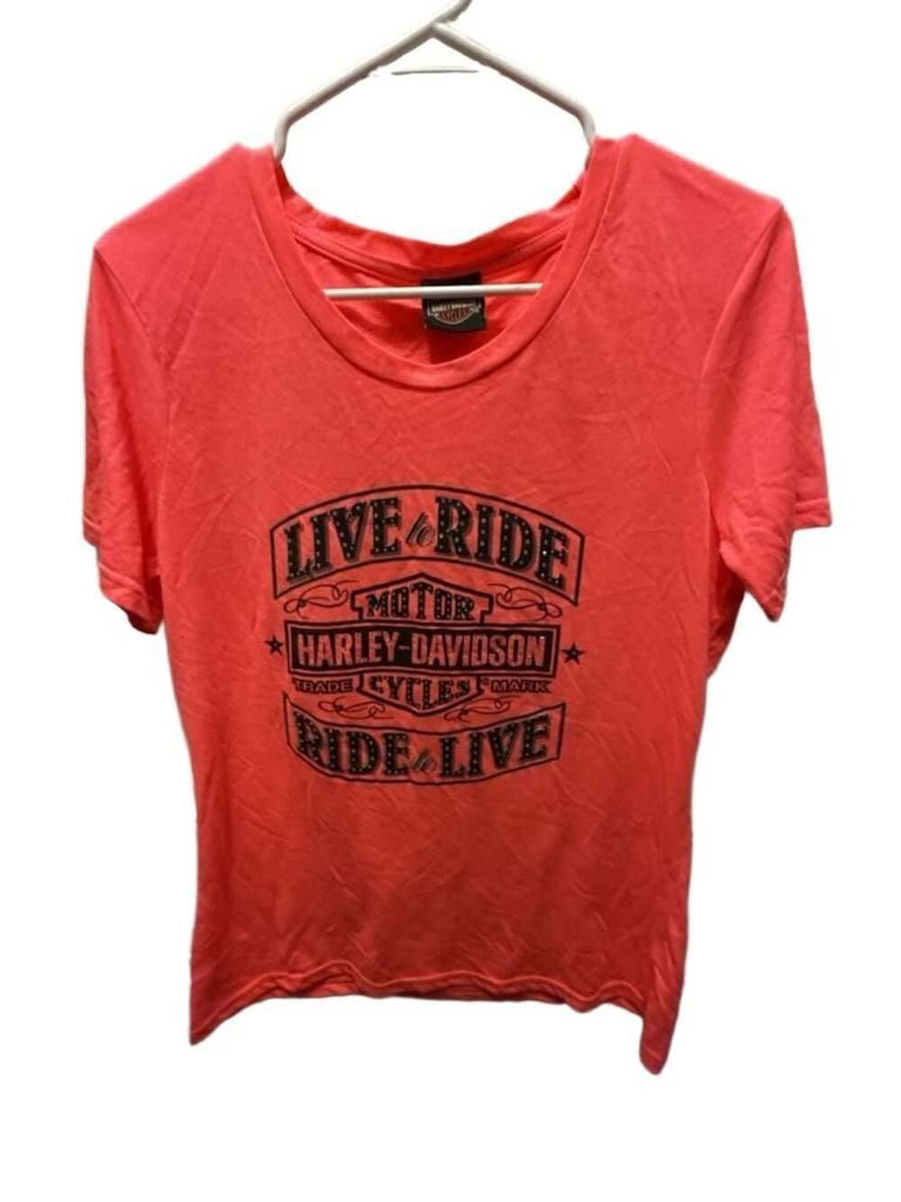 Harley Davidson Live to Ride T-Shirt Size XL Coral Rhinestone Studded